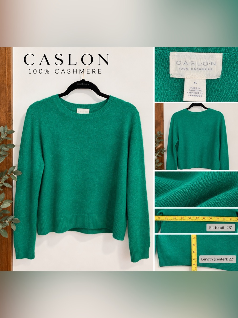 Caslon 100% Cashmere Cropped Crewneck Sweater Green XL